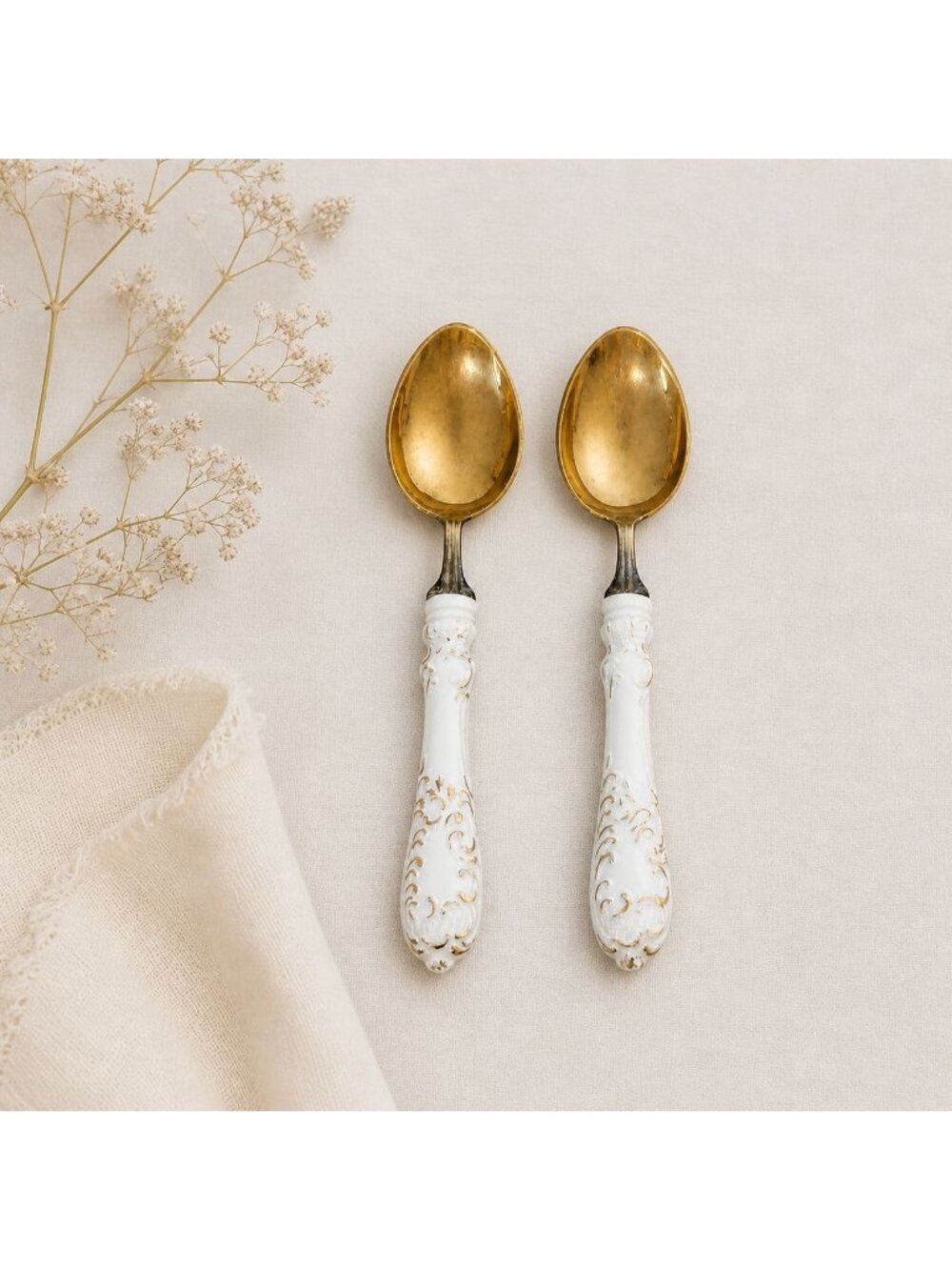 Romantic Italian Porcelain Handle Spoons VTG Gold Tone 7” Tea Dessert Set of 2